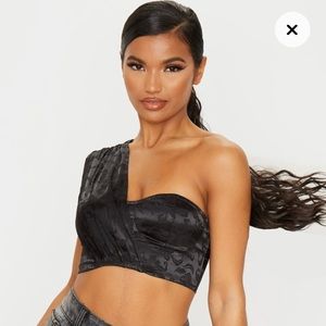 PLT Black Satin One Shoulder Crop Top Bandeau